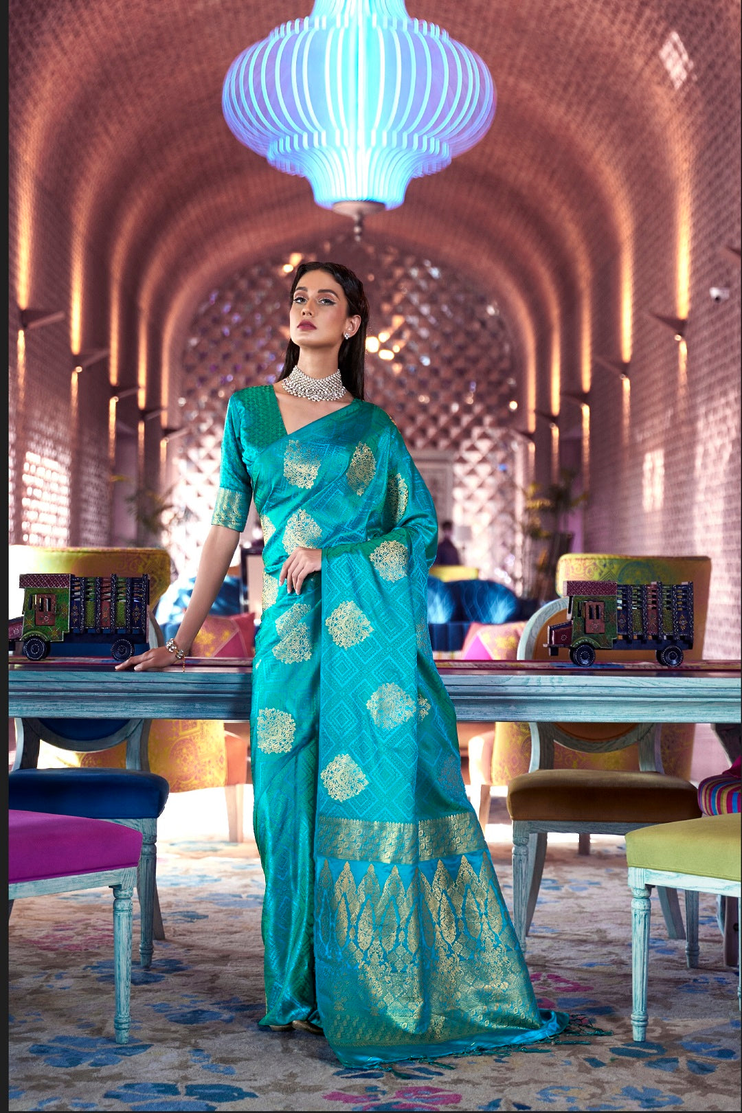 Vsaree Designer Party Wear Golden Zari Weaving Butti Design Saree With Matching Blouse And Heavy Pallu.