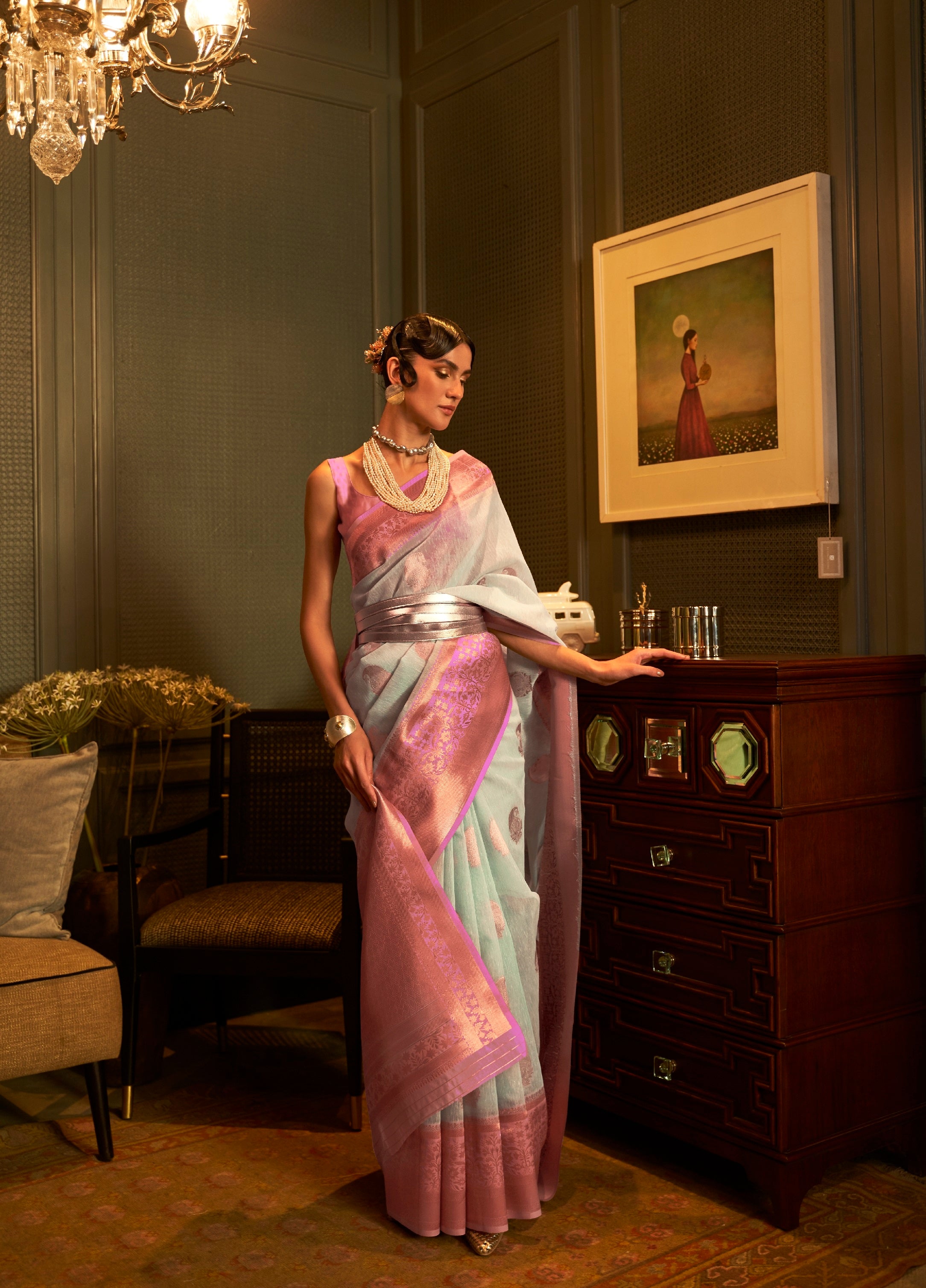 Designer Zari Weaving Wedding Wear Banarasi linen Cotton Silk Saree With Heavy Blouse