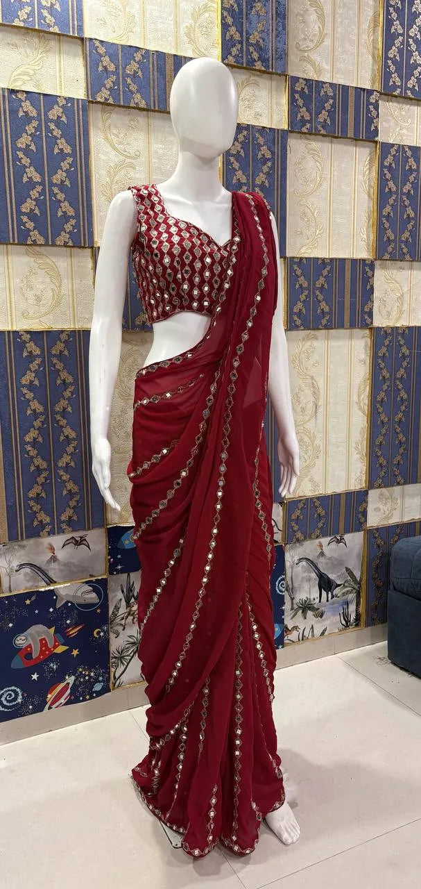 Faux Georgette Real Mirror Work Saree Embroidery Sequins Real Mirror Work