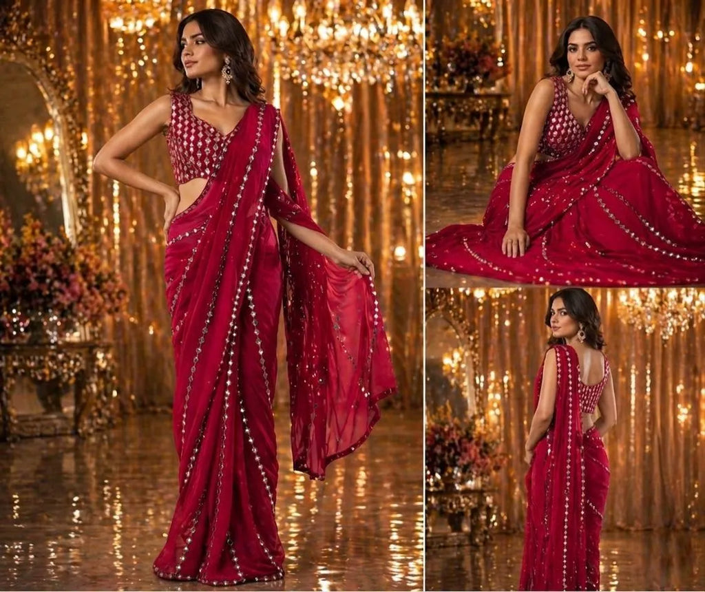 Faux Georgette Real Mirror Work Saree Embroidery Sequins Real Mirror Work