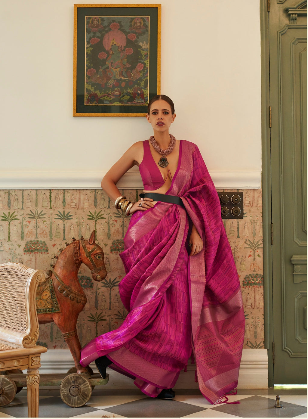 Traditional Copper Zari Weaving Border Party wear Organza Silk Saree With Designer Pallu And Zari Weaving Design Blouse