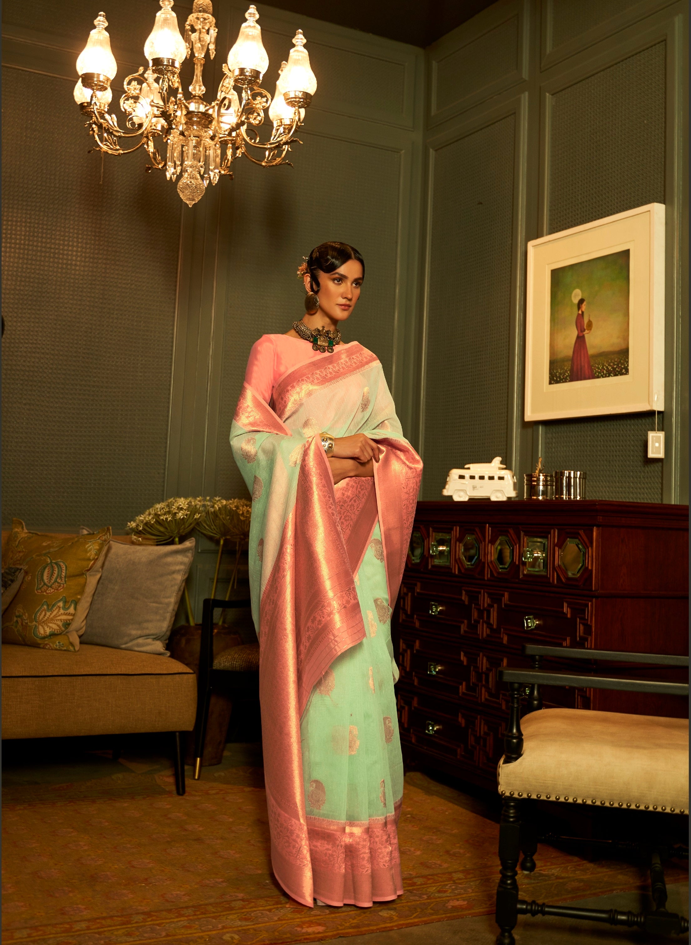 Designer Zari Weaving Wedding Wear Banarasi linen Cotton Silk Saree With Heavy Blouse