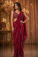 Faux Georgette Real Mirror Work Saree Embroidery Sequins Real Mirror Work