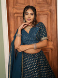 طباعة رقائق جورجيت للسيدات، باللون الأزرق المخضر، مع تطريز ZARI Sequence، مصمم العمل LEHENGA CHOLI 