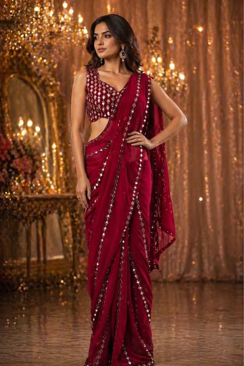Faux Georgette Real Mirror Work Saree Embroidery Sequins Real Mirror Work