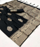 Vsaree Black Banarasi KhadiSilk Saree For Contrast Zari Weaving Borders And Blouse