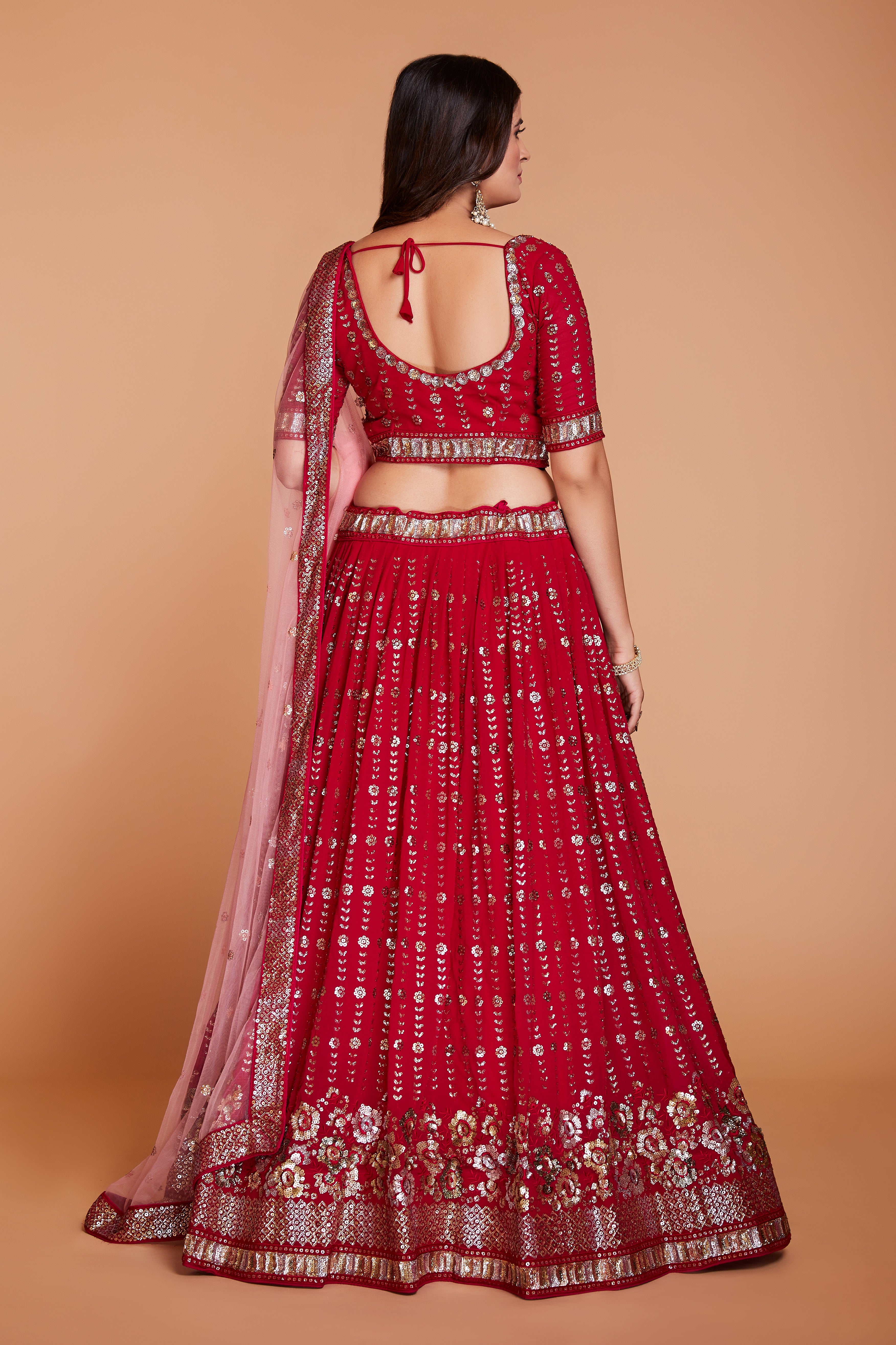 ملابس جورجيت حمراء للسيدات مع الترتر والتطريز، ملابس حفلات العمل، LEHENGA CHOLI 