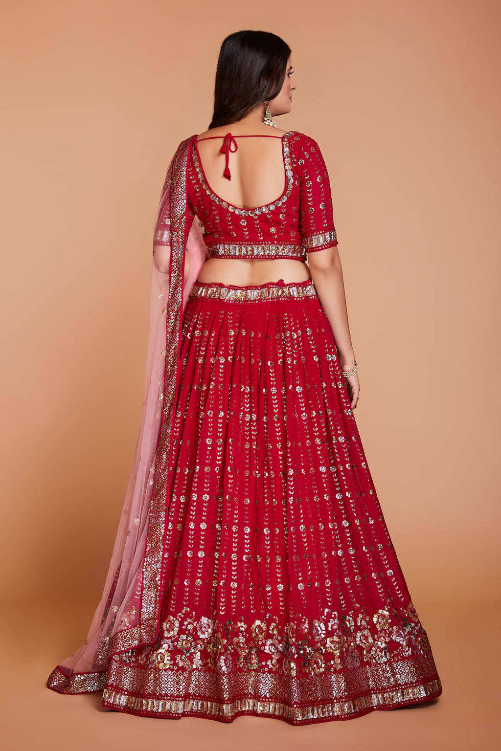 WOMEN'S RED GEORGETTE WITH SEQUINS AND EMBROIDERY WORK PARTY WEAR LEHENGA CHOLI
