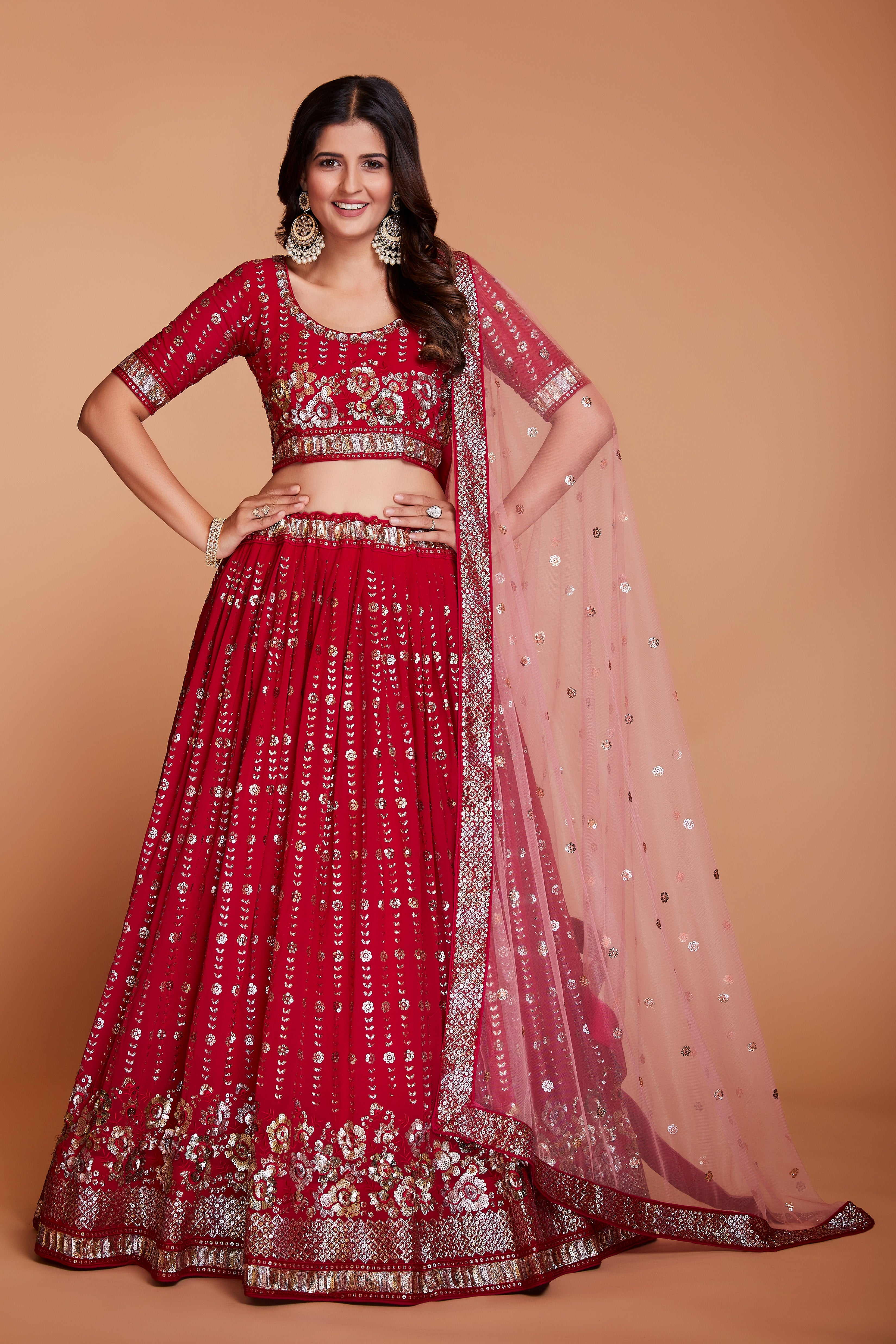 ملابس جورجيت حمراء للسيدات مع الترتر والتطريز، ملابس حفلات العمل، LEHENGA CHOLI 