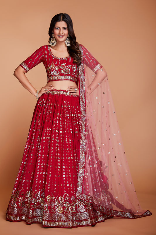 ملابس جورجيت حمراء للسيدات مع الترتر والتطريز، ملابس حفلات العمل، LEHENGA CHOLI 