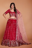 ملابس جورجيت حمراء للسيدات مع الترتر والتطريز، ملابس حفلات العمل، LEHENGA CHOLI 