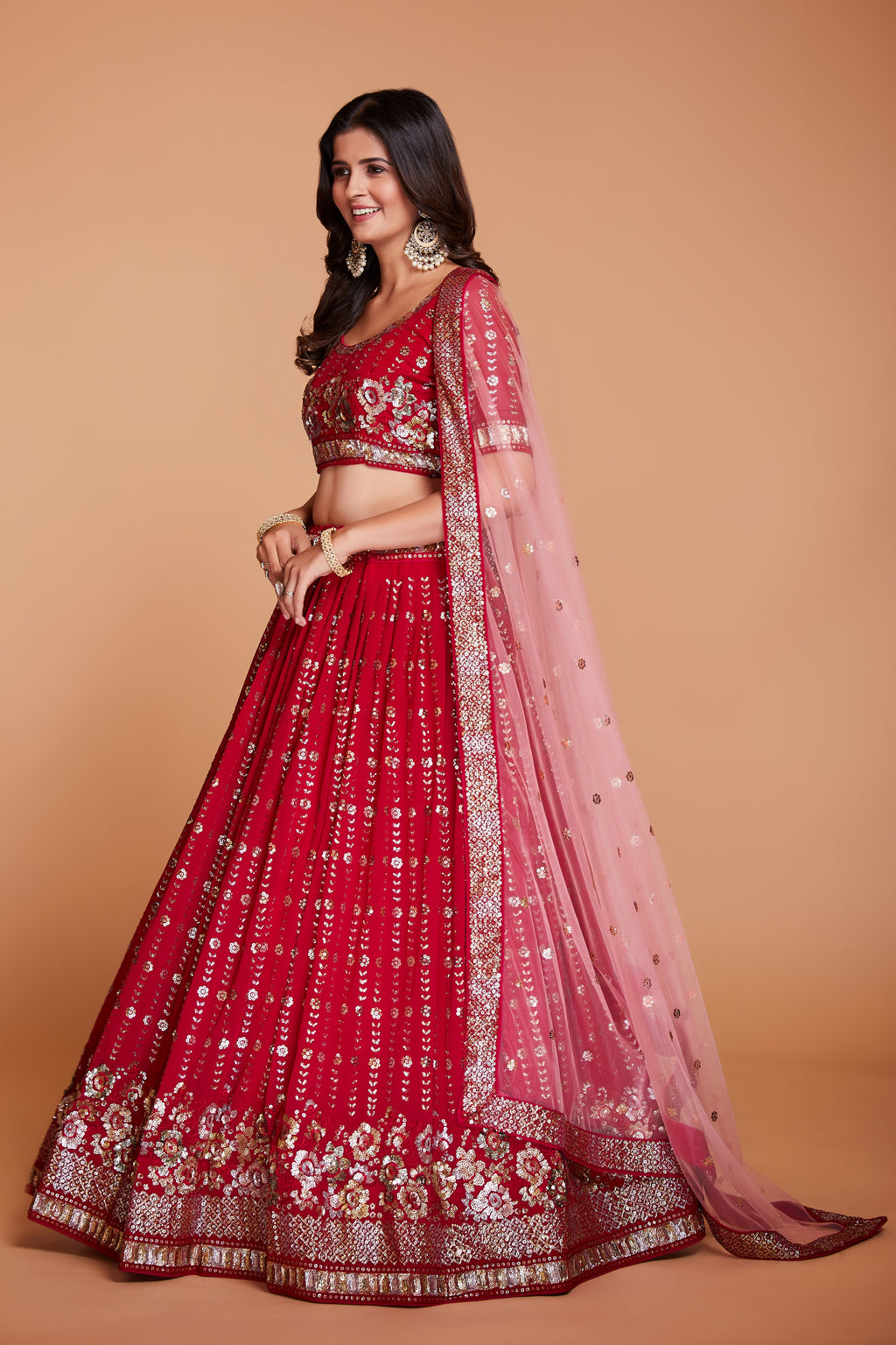 WOMEN'S RED GEORGETTE WITH SEQUINS AND EMBROIDERY WORK PARTY WEAR LEHENGA CHOLI