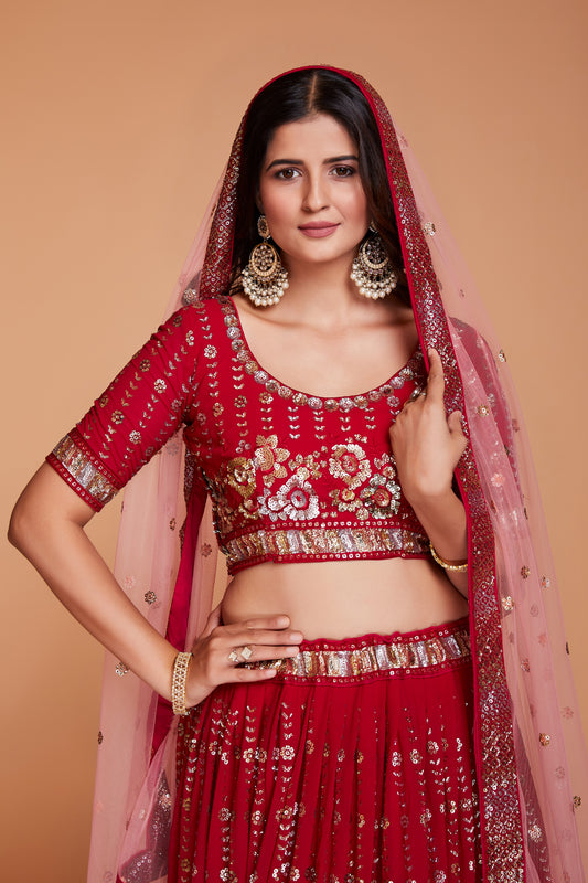 ملابس جورجيت حمراء للسيدات مع الترتر والتطريز، ملابس حفلات العمل، LEHENGA CHOLI 