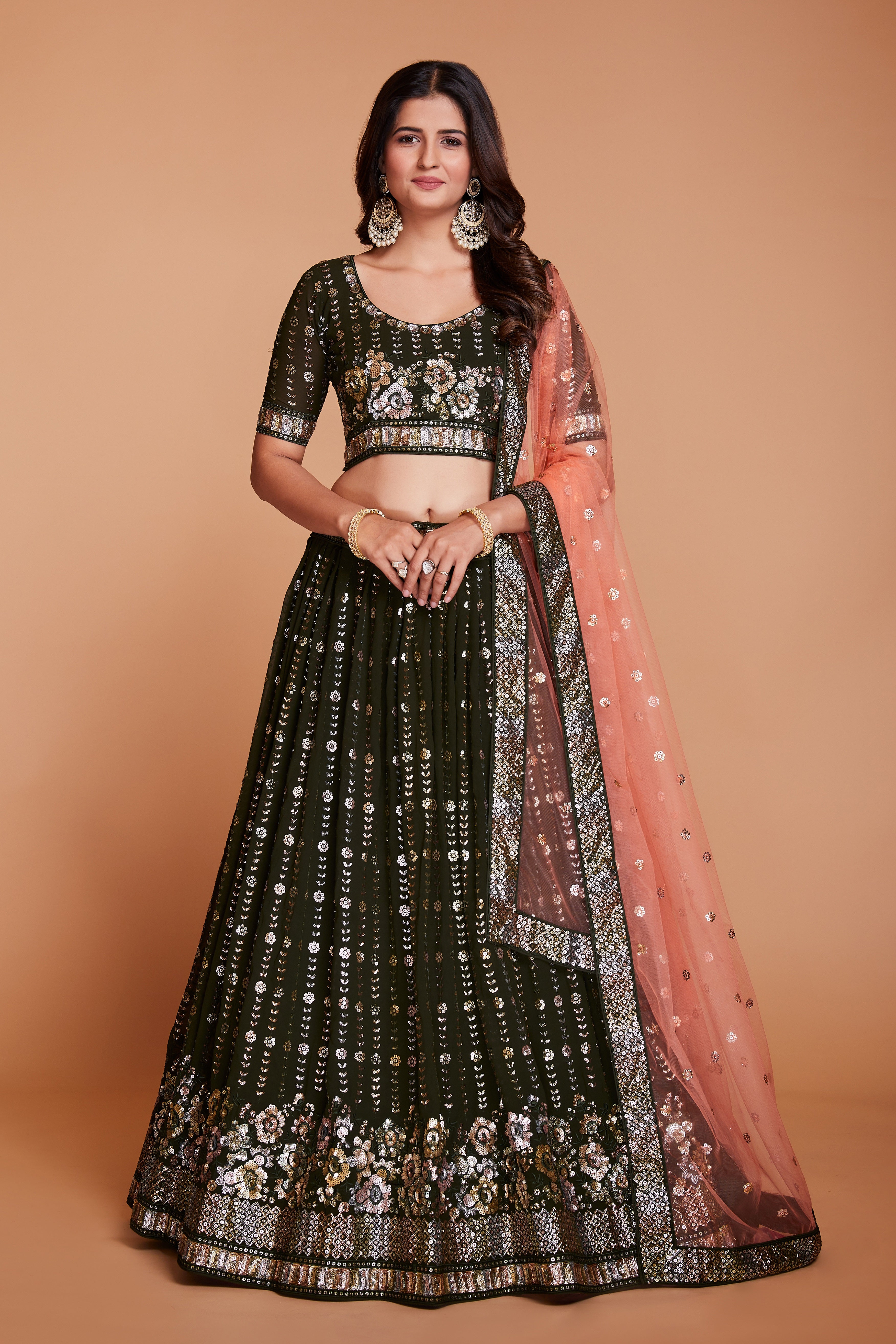 ملابس جورجيت خضراء للسيدات مع الترتر والتطريز، ملابس حفلات العمل، LEHENGA CHOLI 