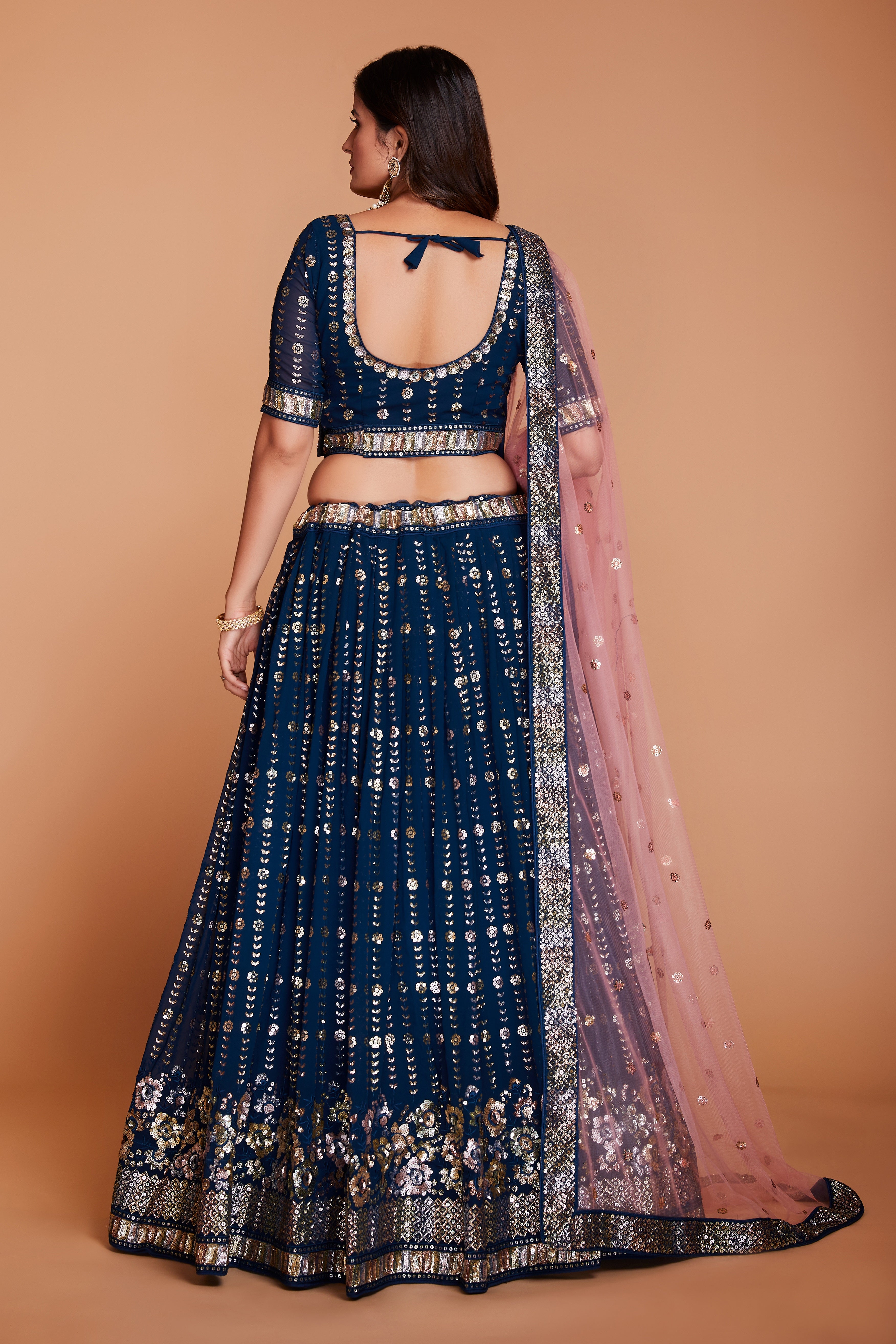 ملابس جورجيت زرقاء للنساء مع الترتر والتطريز، ملابس حفلات العمل، LEHENGA CHOLI 