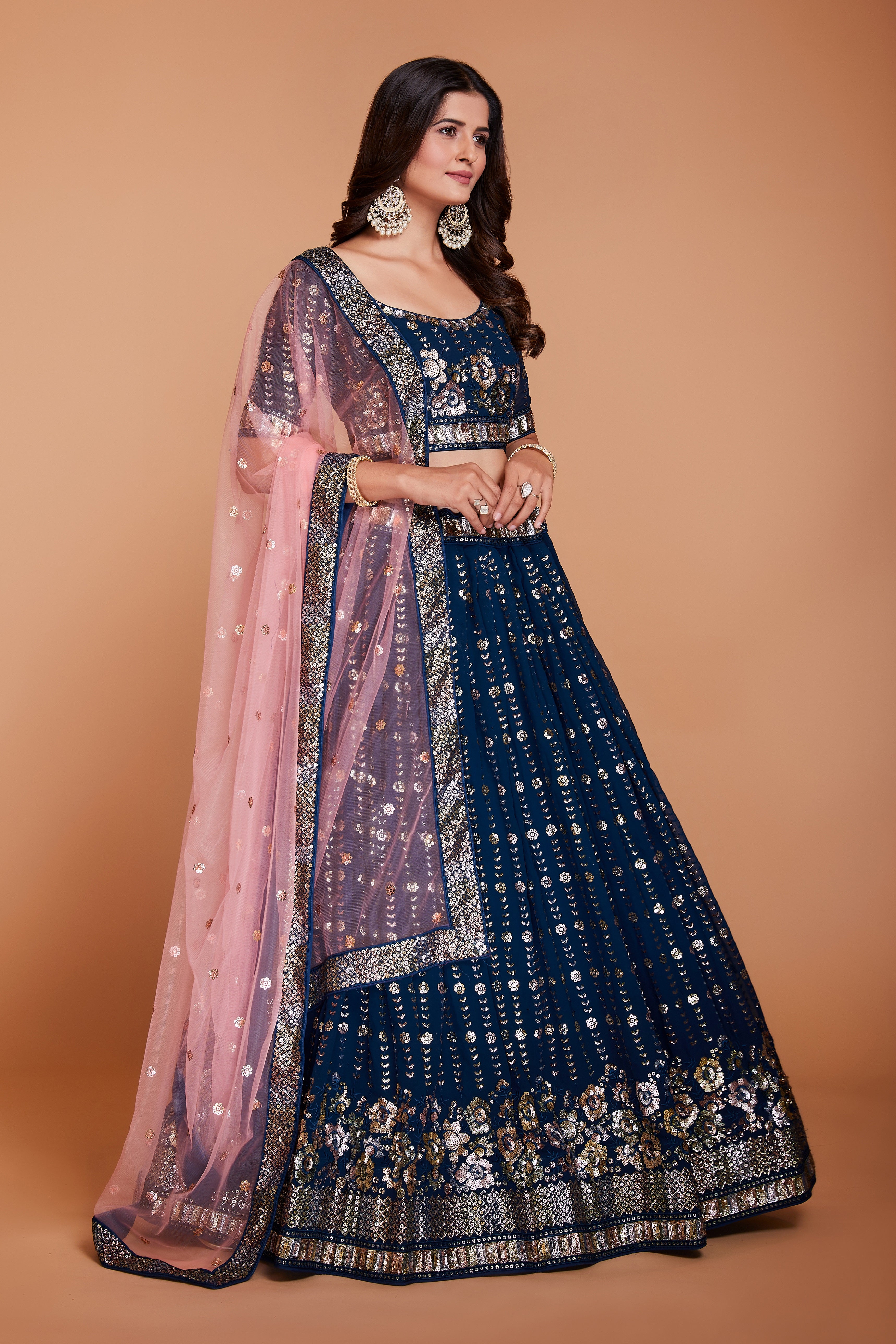 ملابس جورجيت زرقاء للنساء مع الترتر والتطريز، ملابس حفلات العمل، LEHENGA CHOLI 