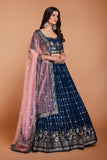 ملابس جورجيت زرقاء للنساء مع الترتر والتطريز، ملابس حفلات العمل، LEHENGA CHOLI 