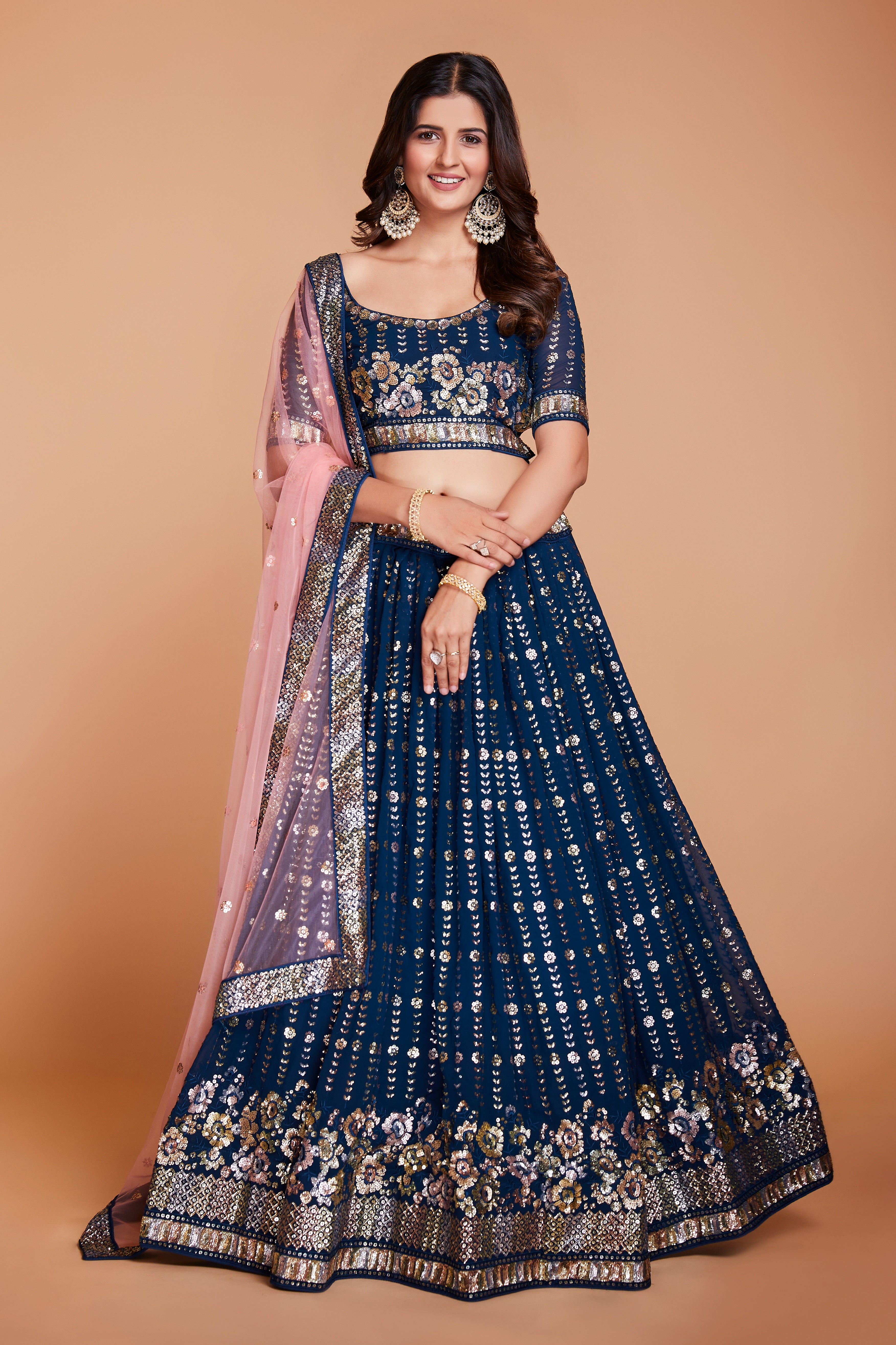 ملابس جورجيت زرقاء للنساء مع الترتر والتطريز، ملابس حفلات العمل، LEHENGA CHOLI 