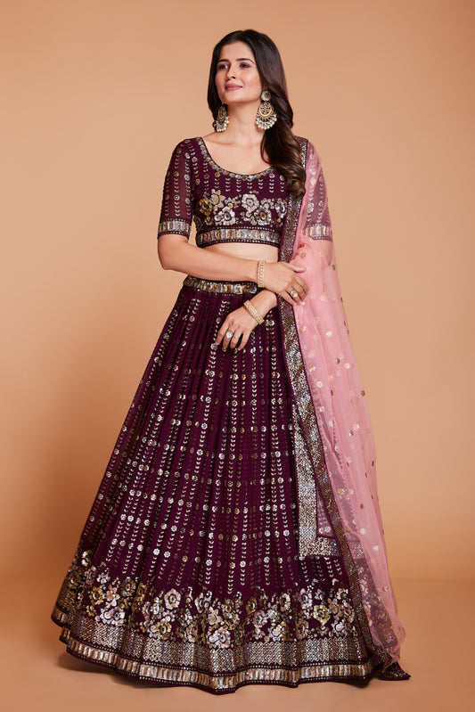 ملابس جورجيت أرجوانية نسائية مع الترتر والتطريز، ملابس حفلات العمل، LEHENGA CHOLI 