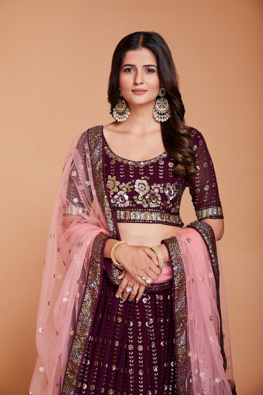 ملابس جورجيت أرجوانية نسائية مع الترتر والتطريز، ملابس حفلات العمل، LEHENGA CHOLI 