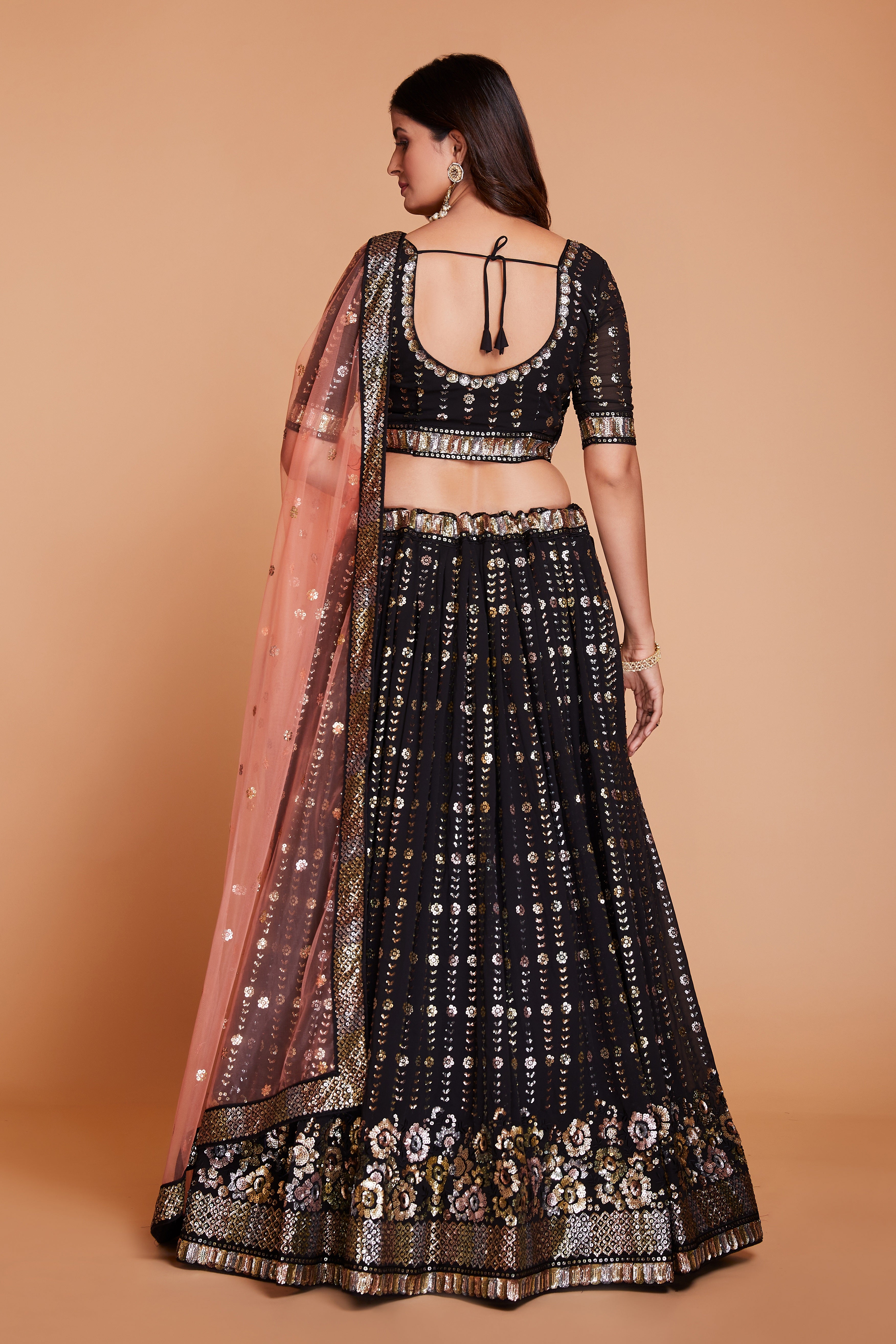 ملابس جورجيت سوداء للسيدات مع الترتر والتطريز، ملابس حفلات العمل، LEHENGA CHOLI 