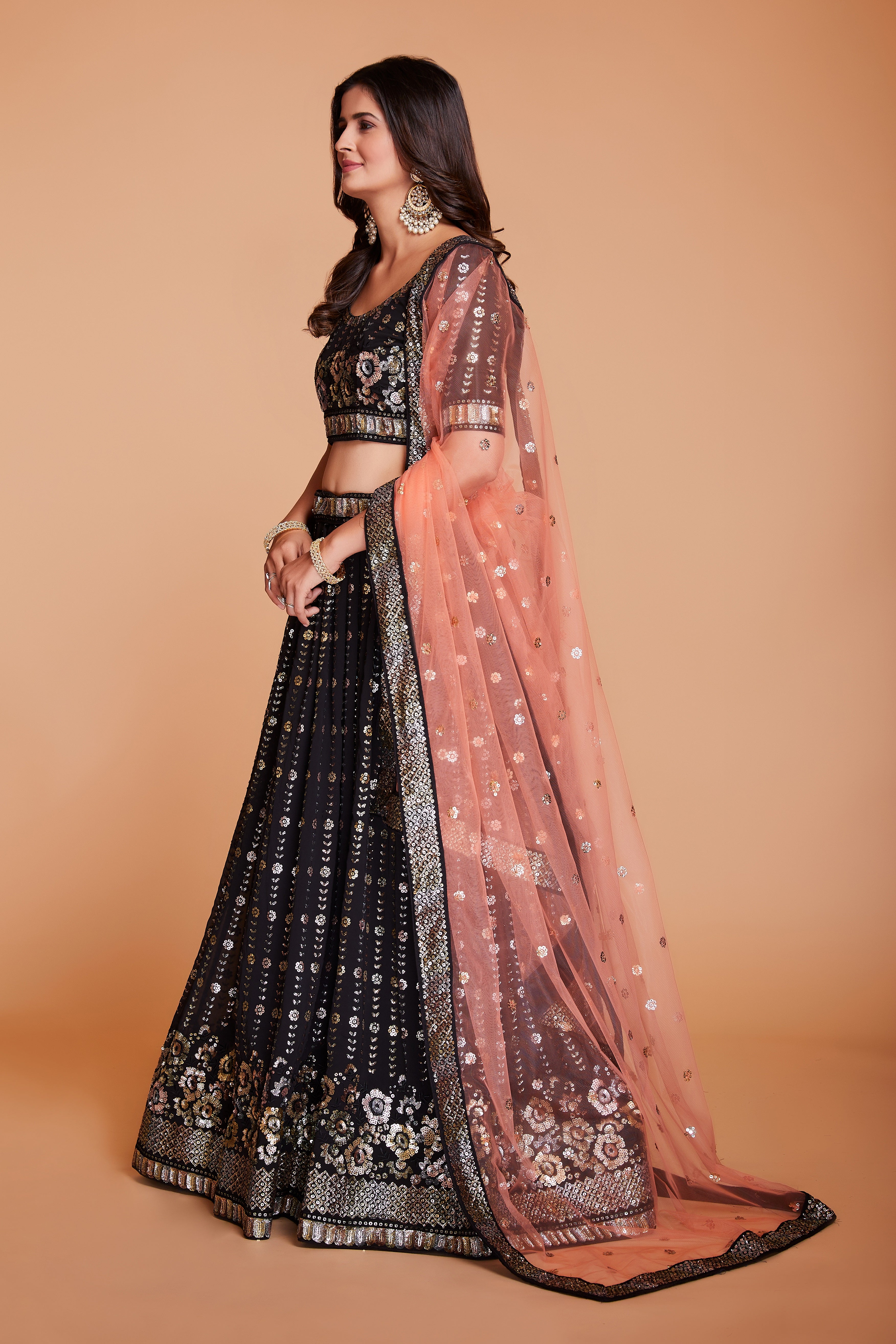 ملابس جورجيت سوداء للسيدات مع الترتر والتطريز، ملابس حفلات العمل، LEHENGA CHOLI 