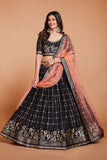 ملابس جورجيت سوداء للسيدات مع الترتر والتطريز، ملابس حفلات العمل، LEHENGA CHOLI 
