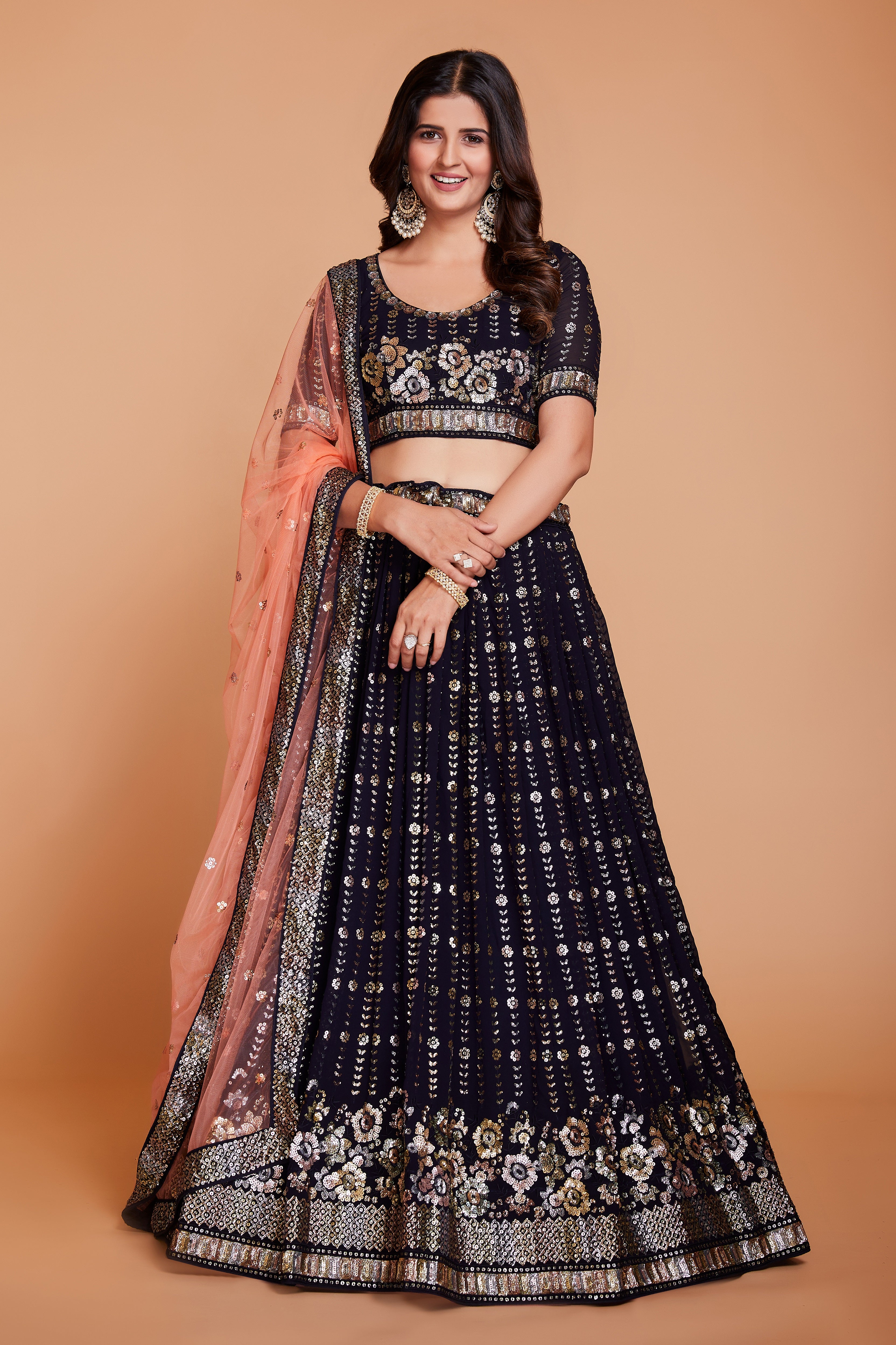ملابس جورجيت نسائية باللون الأزرق الداكن مع الترتر والتطريز، ملابس حفلات العمل، LEHENGA CHOLI 