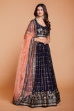 ملابس جورجيت نسائية باللون الأزرق الداكن مع الترتر والتطريز، ملابس حفلات العمل، LEHENGA CHOLI 