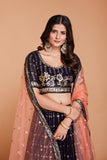 ملابس جورجيت نسائية باللون الأزرق الداكن مع الترتر والتطريز، ملابس حفلات العمل، LEHENGA CHOLI 