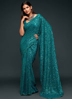Sky Blue Thread And Multi Sequins embroiderd Georette Designer Saree With Fancy Blouse