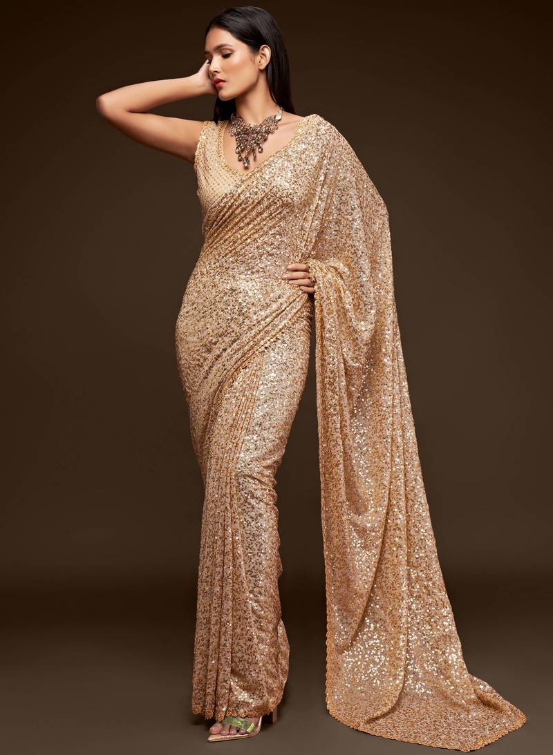 Golden Thread And Multi Sequins embroiderd Georette Designer Saree With Fancy Blouse