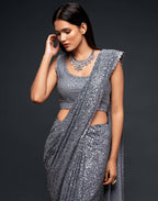 GreyThread And Multi Sequins embroiderd Georette Designer Saree With Fancy Blouse