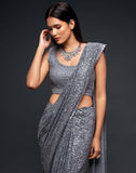 GreyThread And Multi Sequins embroiderd Georette Designer Saree With Fancy Blouse