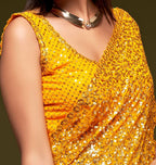 Yellow Thread And Multi Sequins embroiderd Georette Designer Saree With Fancy Blouse