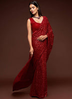 Ruby Red Thread And multi Sequins embroiderd Georette Designer Saree With Blouse