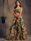 الأزهار الخضراء المطرزة الأورجانزا ملابس الزفاف Lehenga Choli