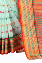 Women's Sky Blue Cotton Blend Jacquard Ethnic Motifs Multicolor Zari Border And Pallu Manipuri Saree With Running Blouse Piece