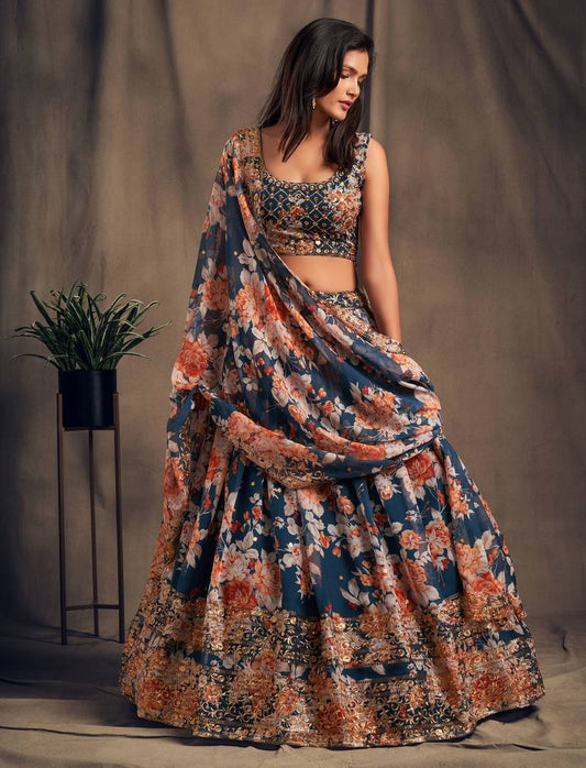 مذهلة حمامة الأزرق الأورجانزا زاري والترتر العمل الأزهار الزفاف Lehenga Choli للنساء 