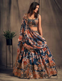 مذهلة حمامة الأزرق الأورجانزا زاري والترتر العمل الأزهار الزفاف Lehenga Choli للنساء 