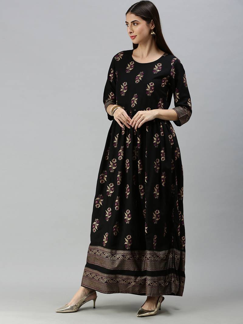 Psvan Women's Black Rayon Foil Printed Anarkali Kurtis Kurta