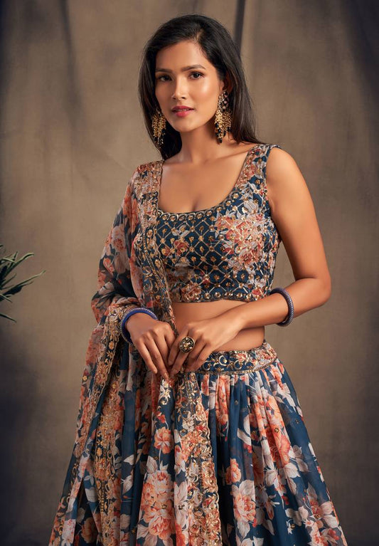 مذهلة حمامة الأزرق الأورجانزا زاري والترتر العمل الأزهار الزفاف Lehenga Choli للنساء 
