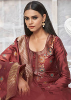 Zooara Maroon Banarasi Unstiched Dress Materials with Bottom and Dupatta