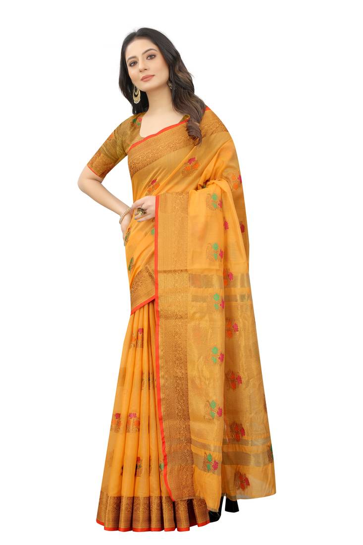 ساري حريري قطني للسيدات باللون الأصفر مع Golden Zari رخيص pallu Chanderi مع قطعة بلوزة مخصصة 