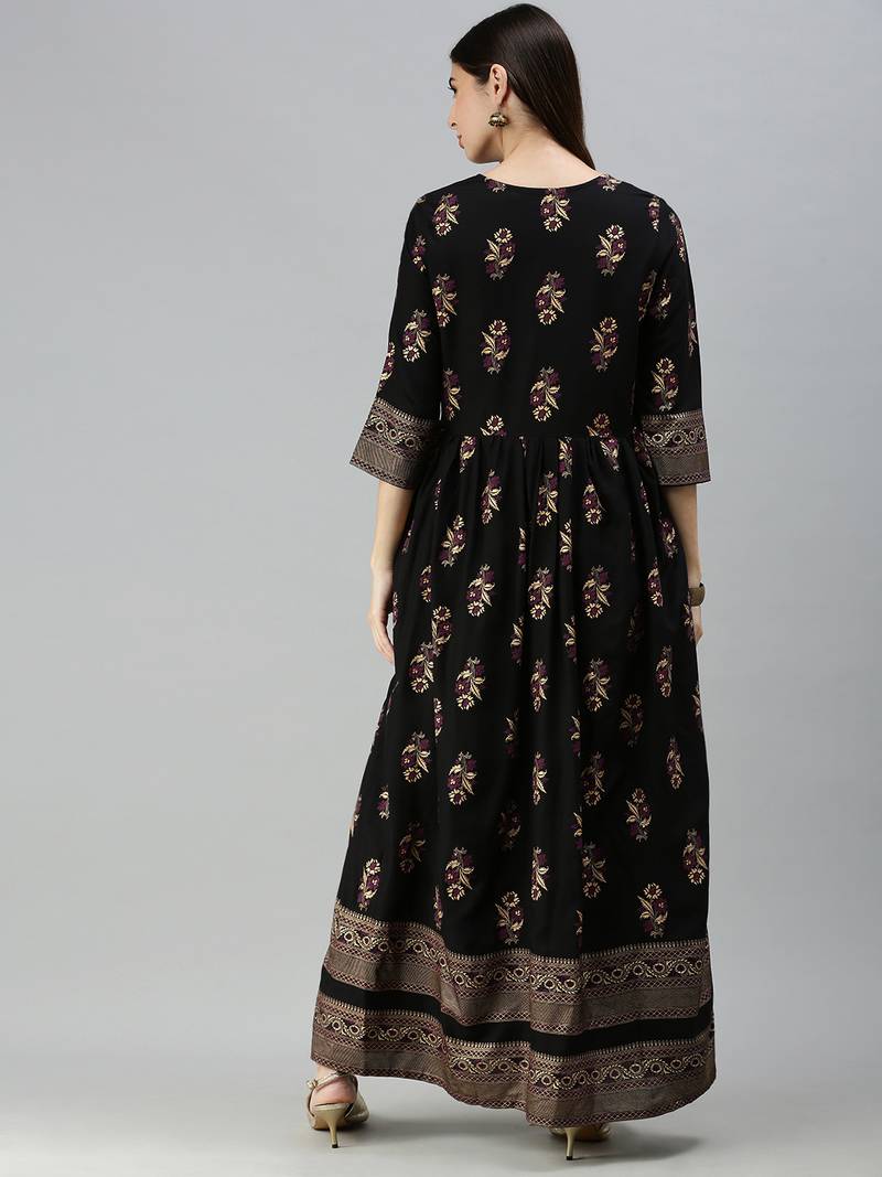 Psvan Women's Black Rayon Foil Printed Anarkali Kurtis Kurta