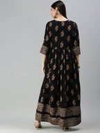 Psvan Women's Black Rayon Foil Printed Anarkali Kurtis Kurta