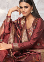 Zooara Maroon Banarasi Unstiched Dress Materials with Bottom and Dupatta