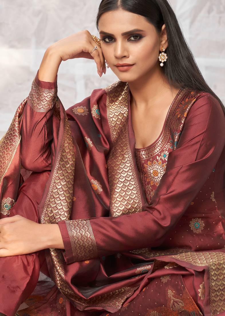 Zooara Maroon Banarasi Unstiched Dress Materials with Bottom and Dupatta