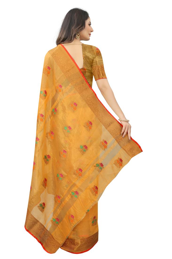 ساري حريري قطني للسيدات باللون الأصفر مع Golden Zari رخيص pallu Chanderi مع قطعة بلوزة مخصصة 