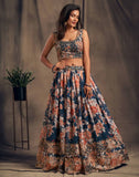 مذهلة حمامة الأزرق الأورجانزا زاري والترتر العمل الأزهار الزفاف Lehenga Choli للنساء 